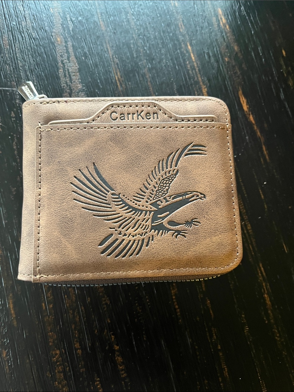 Brown Leather Zip-Around Wallet with Eagle Motif